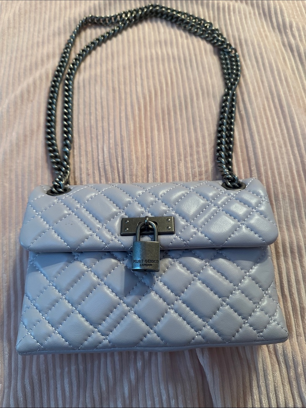 Kurt Geiger Quilted Leather Chain Crossbody Bag in Pale Blue